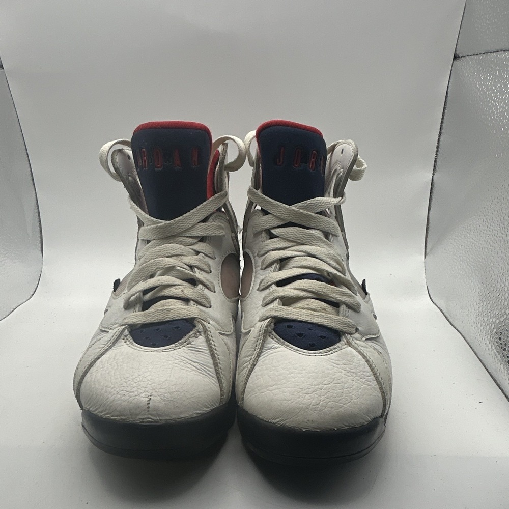 Jordan 7 Retro Kids 4.5Y High Top Leather Sneakers White/Blue/Red 304772-104